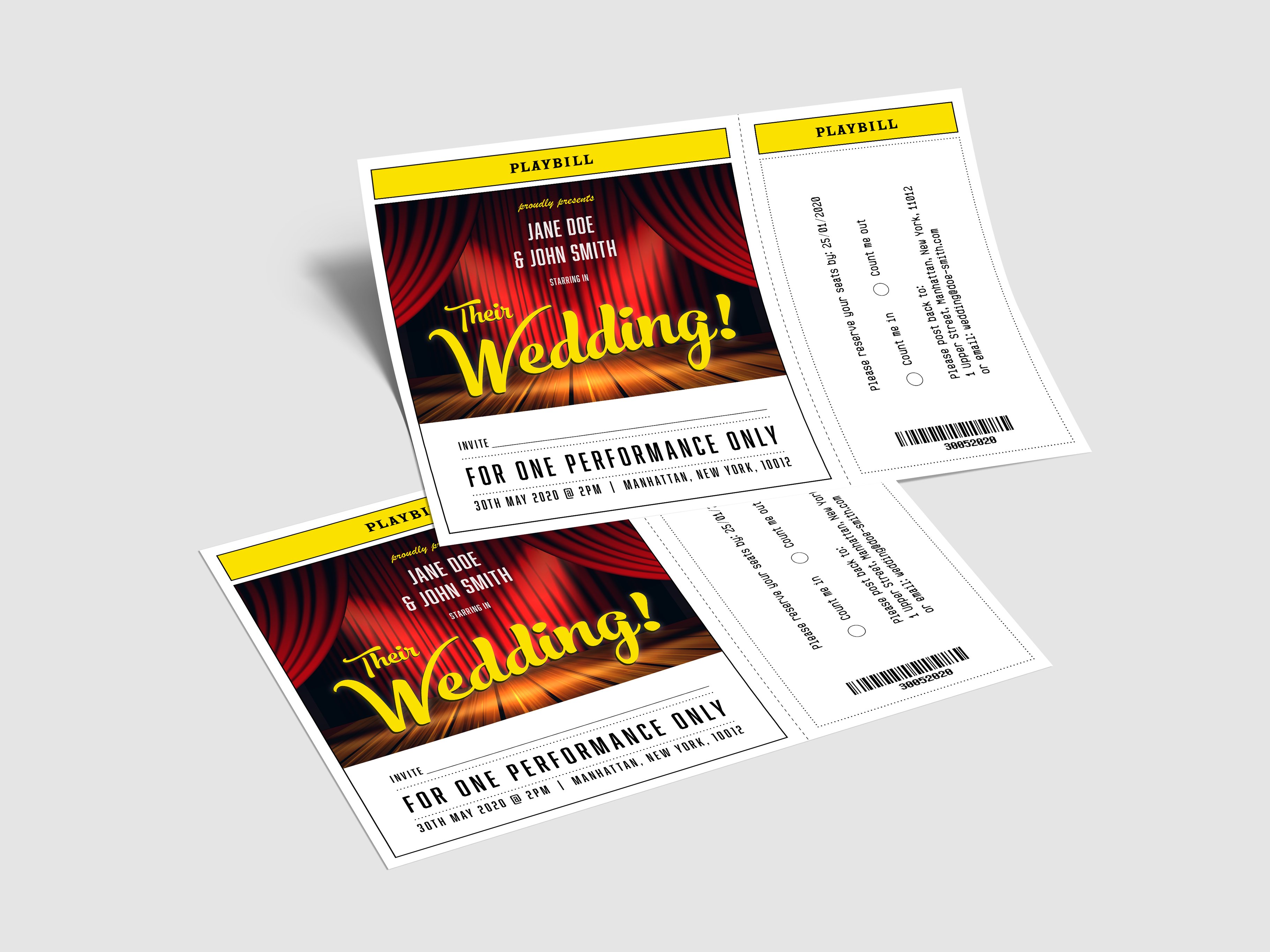 Theatre themed wedding invitation preview image.