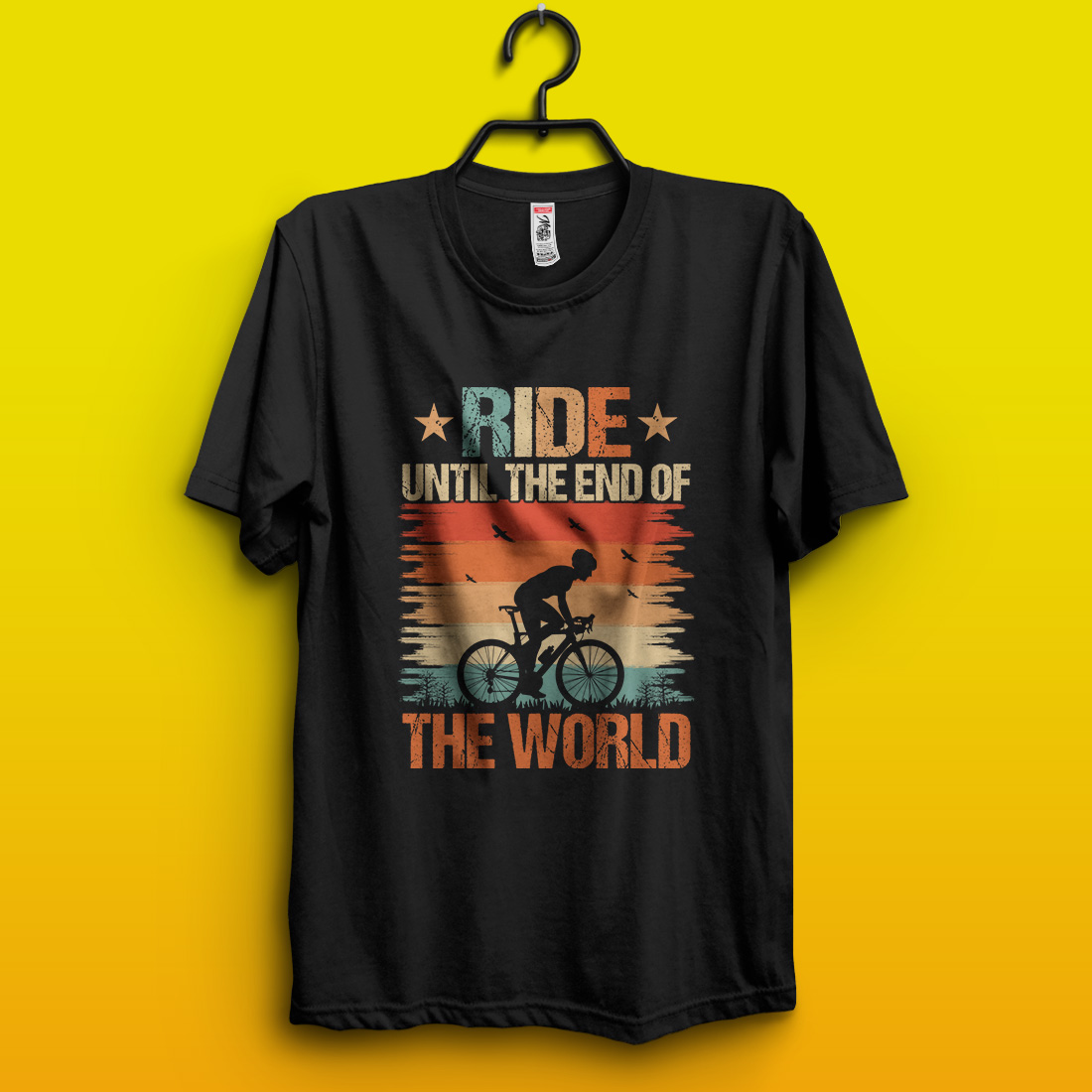 Ride until the end of the world – Cycling quotes t-shirt design for adventure lovers pinterest preview image.