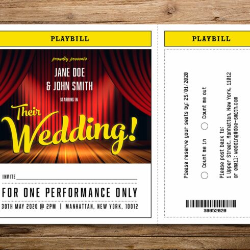 Theatre themed wedding invitation cover image.