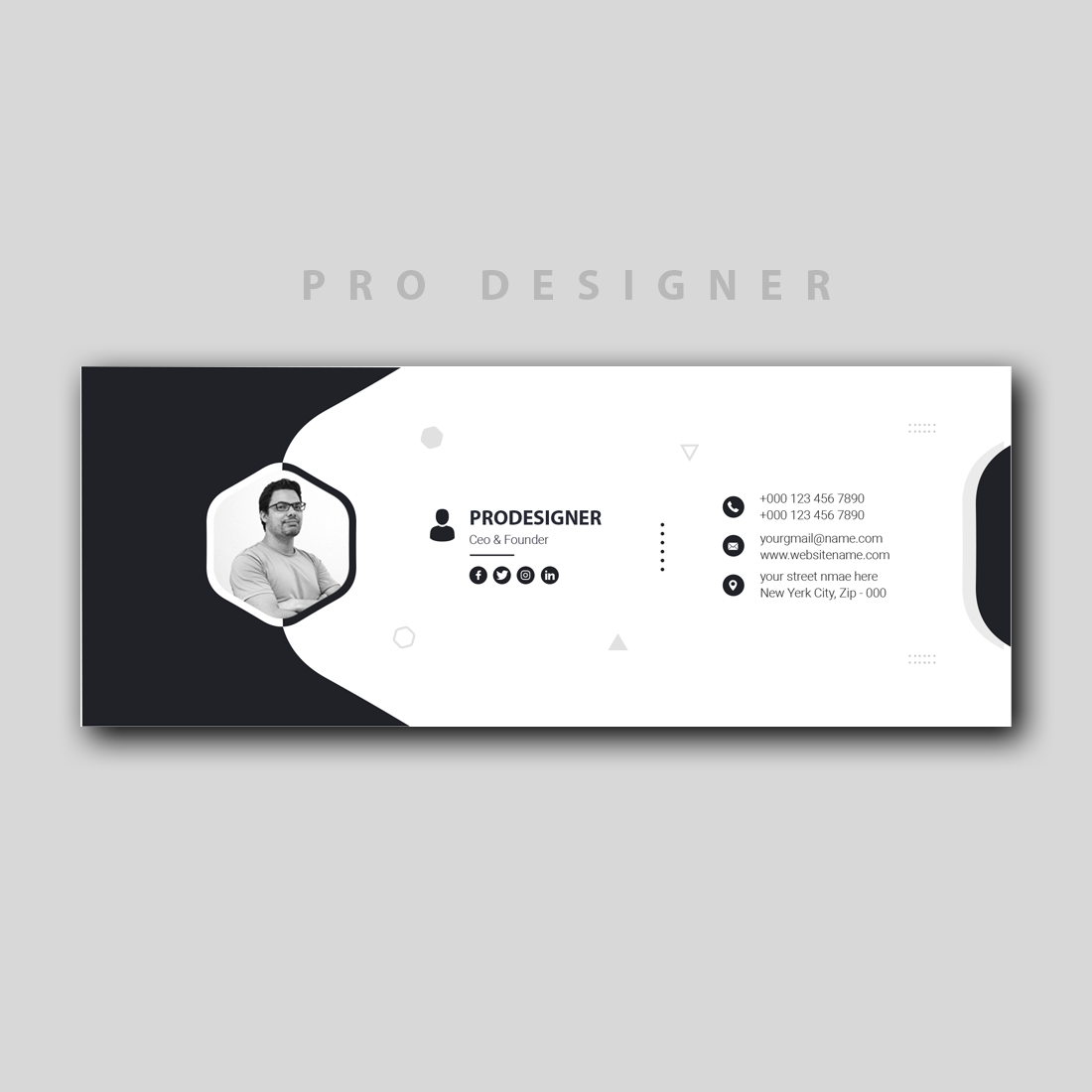 Black and white business card with a photo of a man.