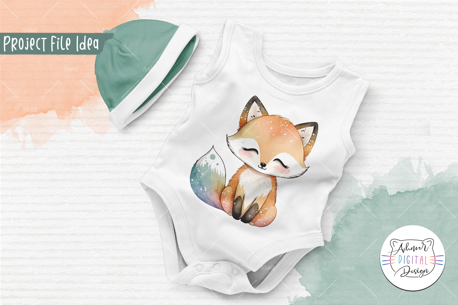 Baby bodysuit with a picture of a fox on it.
