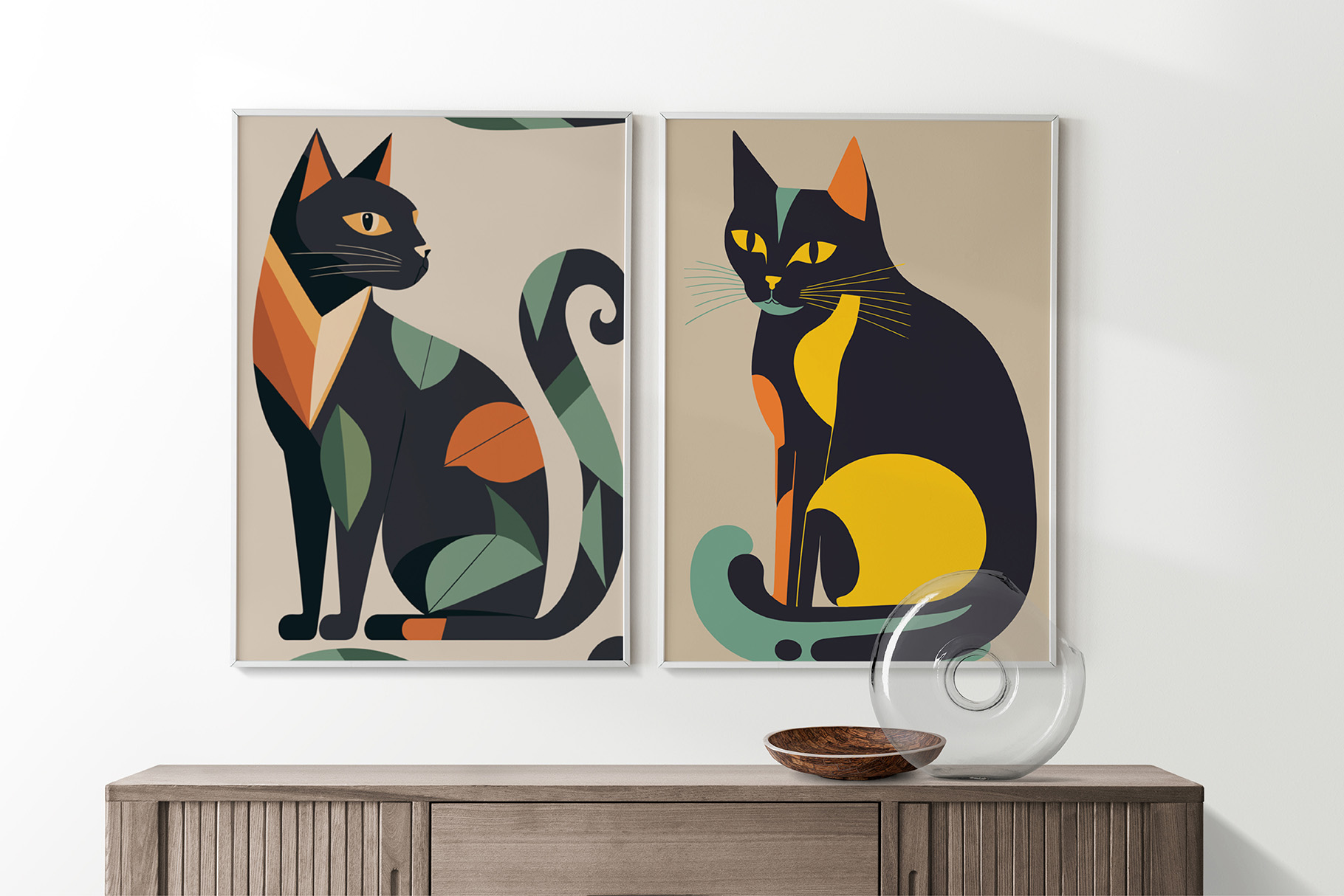 Two paintings of cats sitting on top of a wooden cabinet.
