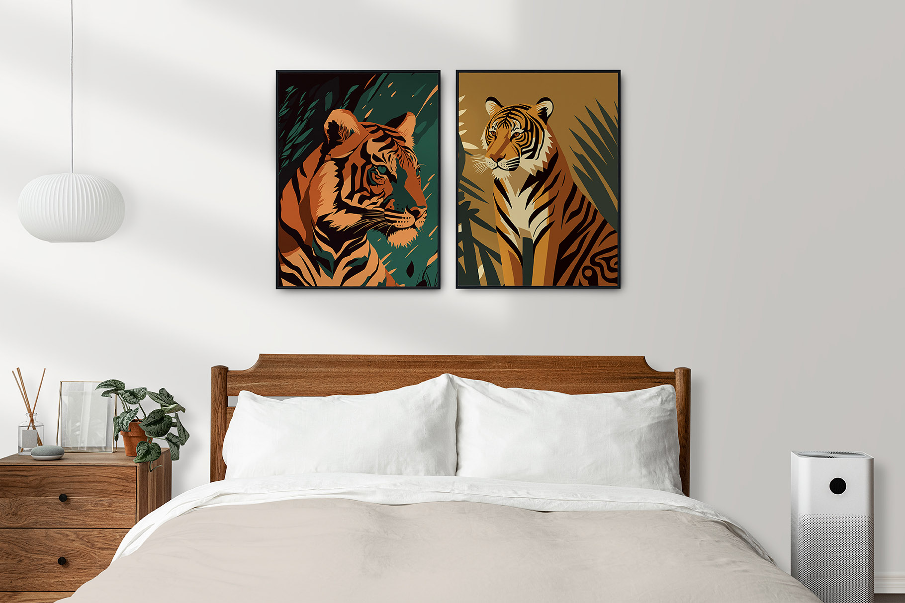Two paintings of tigers on a wall above a bed.