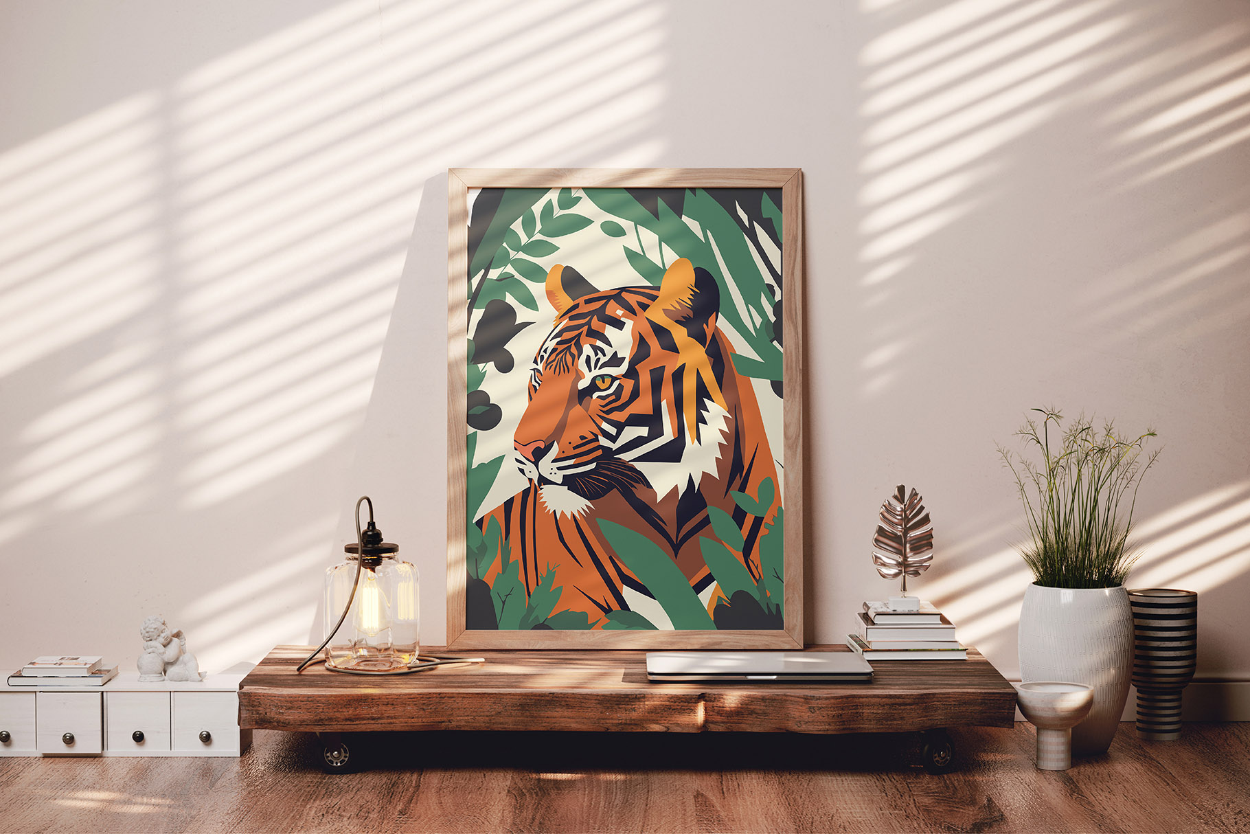Picture of a tiger in a frame on a table.