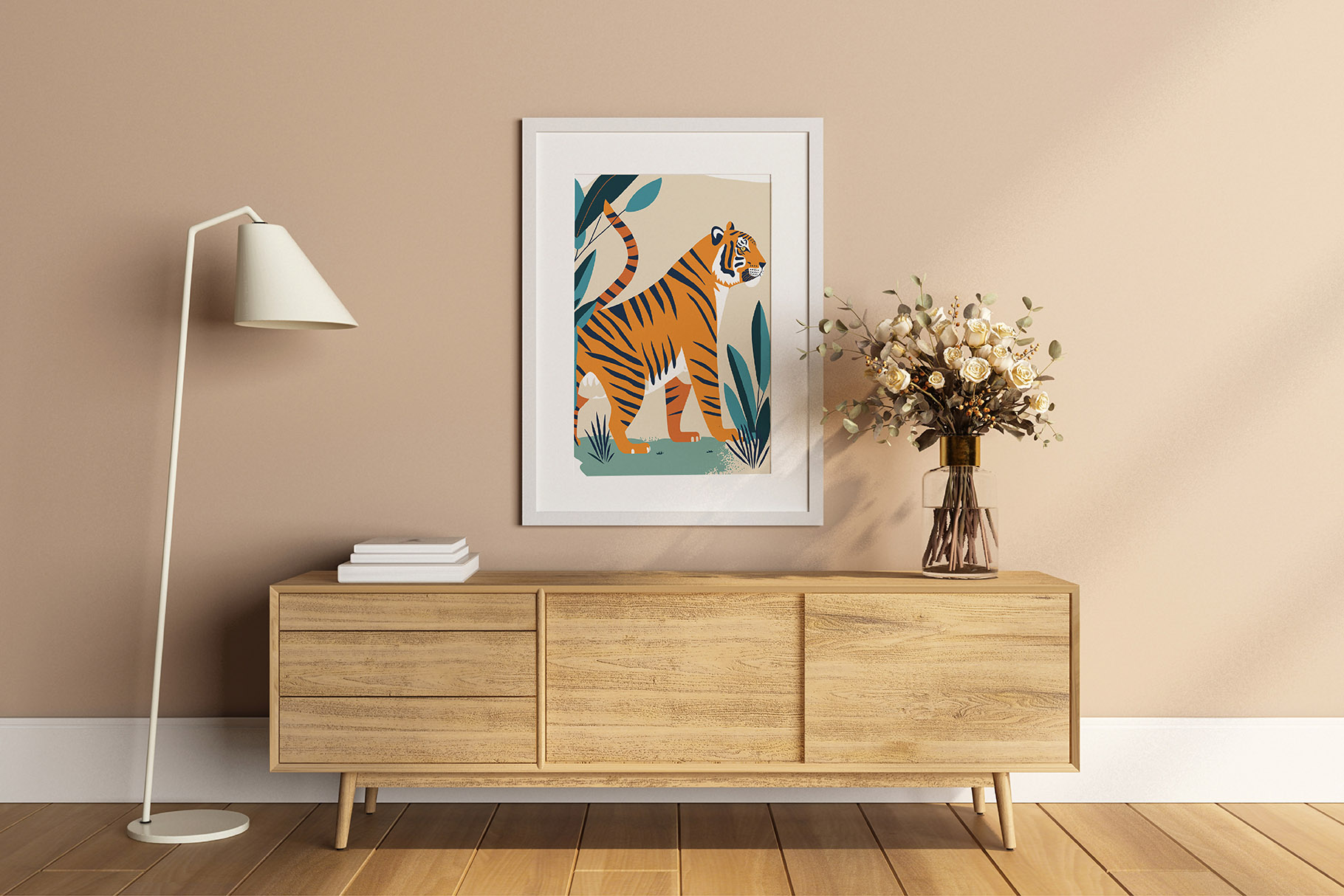 Picture of a tiger on a wall above a dresser.