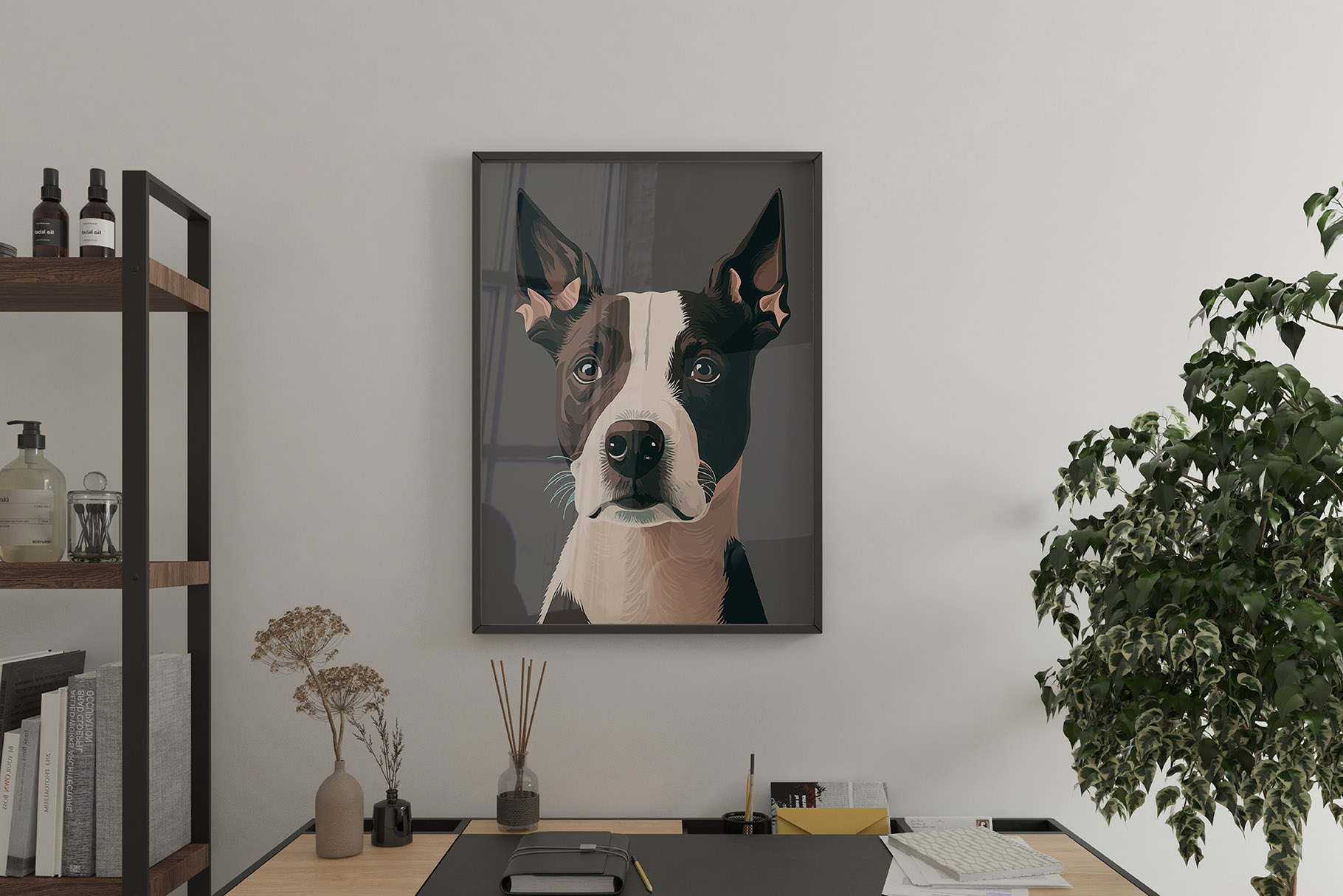 Picture of a dog on a wall above a desk.