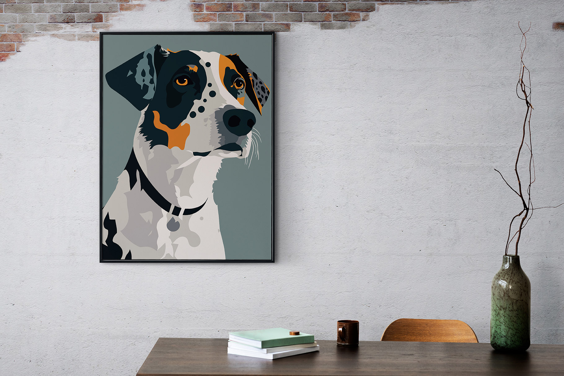 Picture of a dog on a wall above a table.