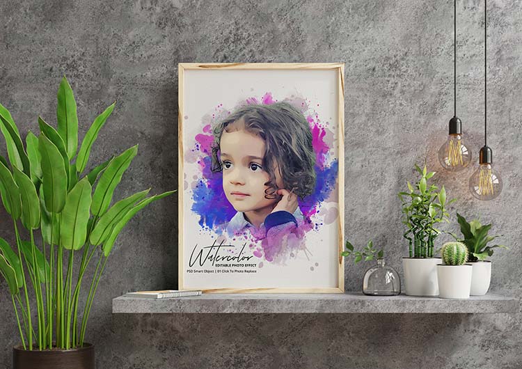 Picture of a young girl on a shelf next to a potted plant.