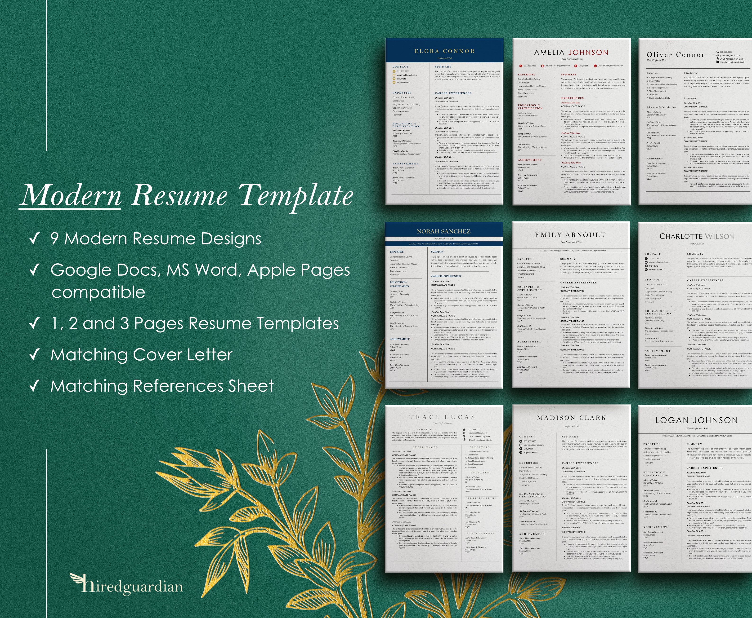 Set of six modern resume templates on a green background.