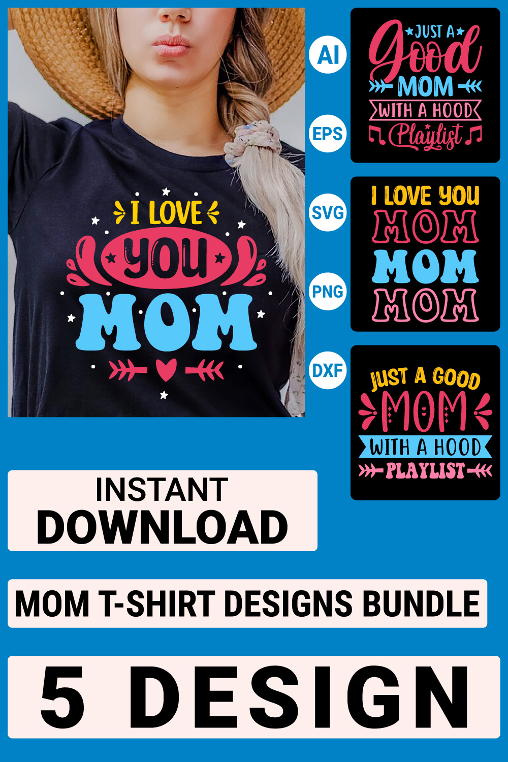 Mom T-shirt Designs Bundle, Mother's Day Quotes typography Graphic T-shirt Collection pinterest preview image.
