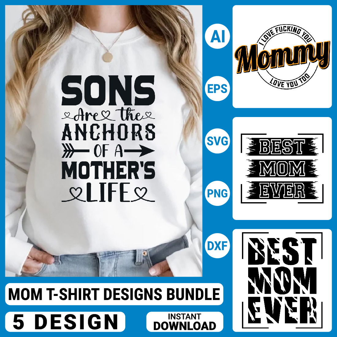 5 Mom T-shirt Designs Bundle, Mother's Day Quotes typography Graphic T-shirt Collection preview image.