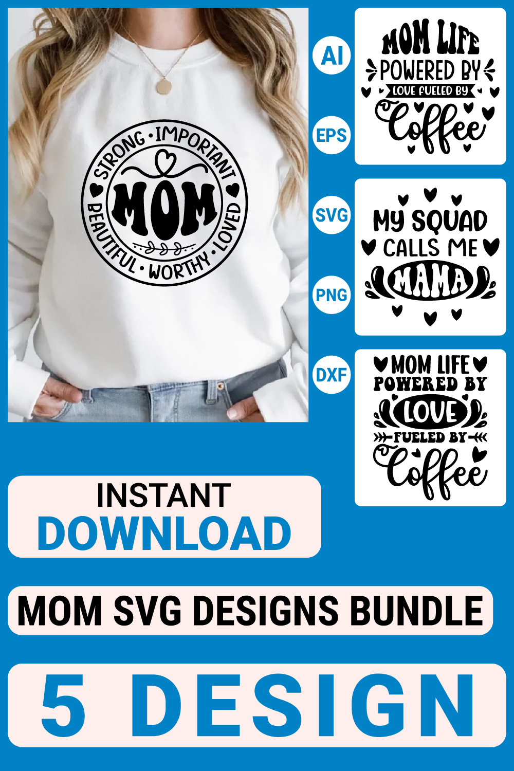 Mom Svg Bundle Designs , Mother's Day Quotes typography Graphic T-shirt Collection pinterest preview image.