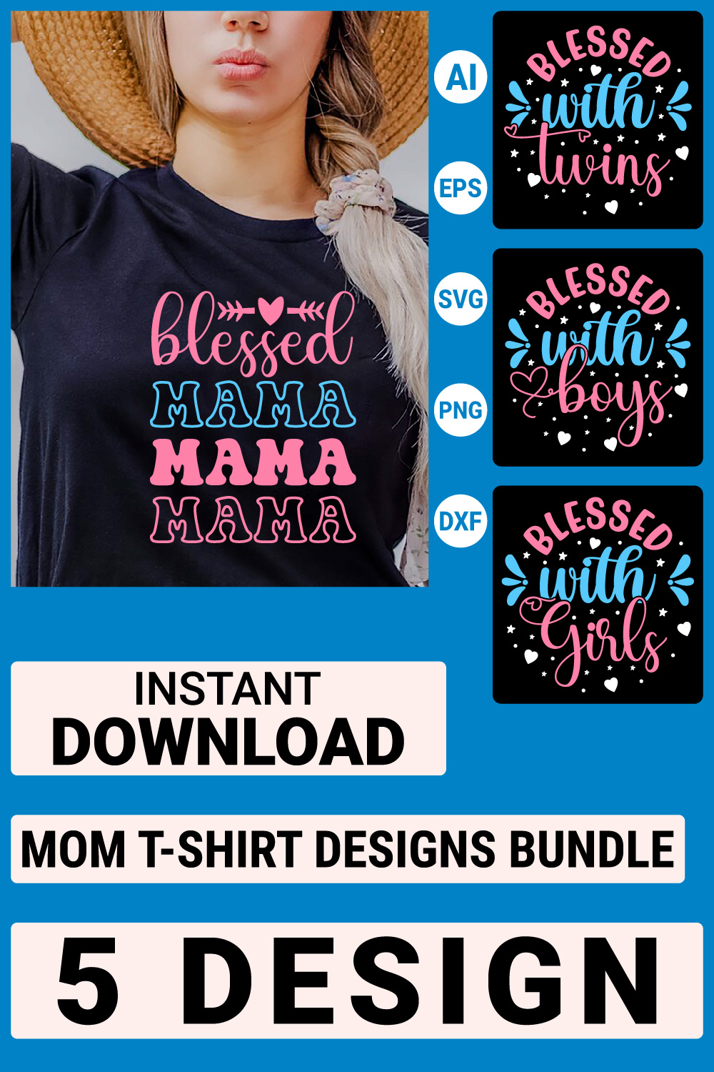 Mom T-shirt Bundle Designs, Mother's Day Quotes typography Graphic T-shirt Collection pinterest preview image.