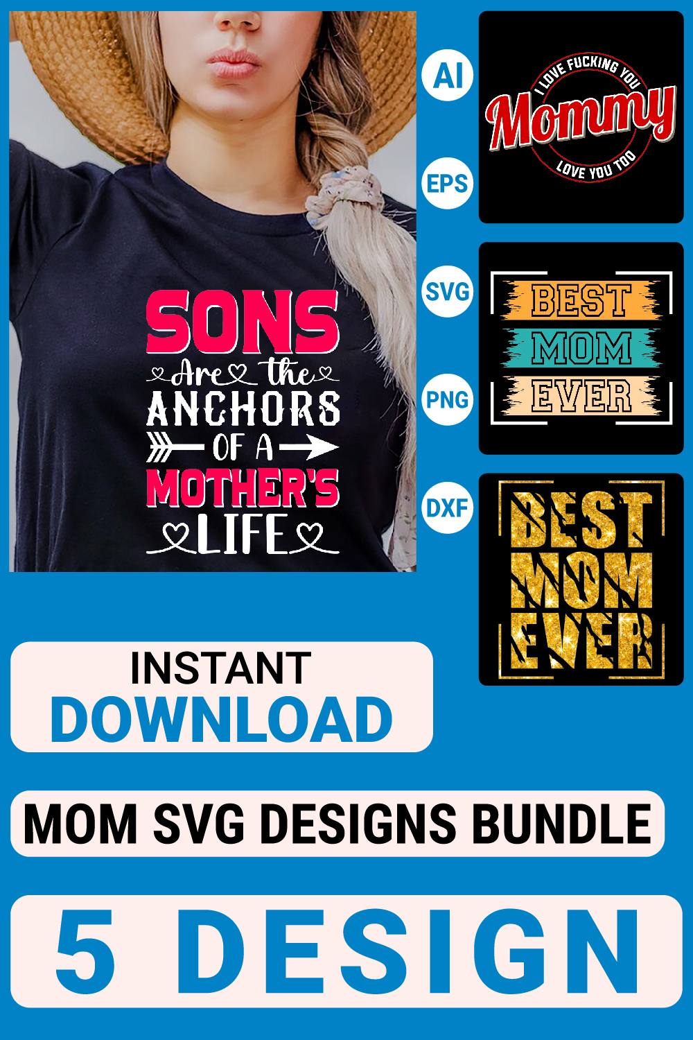 5 Mom T-shirt Designs Bundle, Mother's Day Quotes typography Graphic T-shirt Collection pinterest preview image.