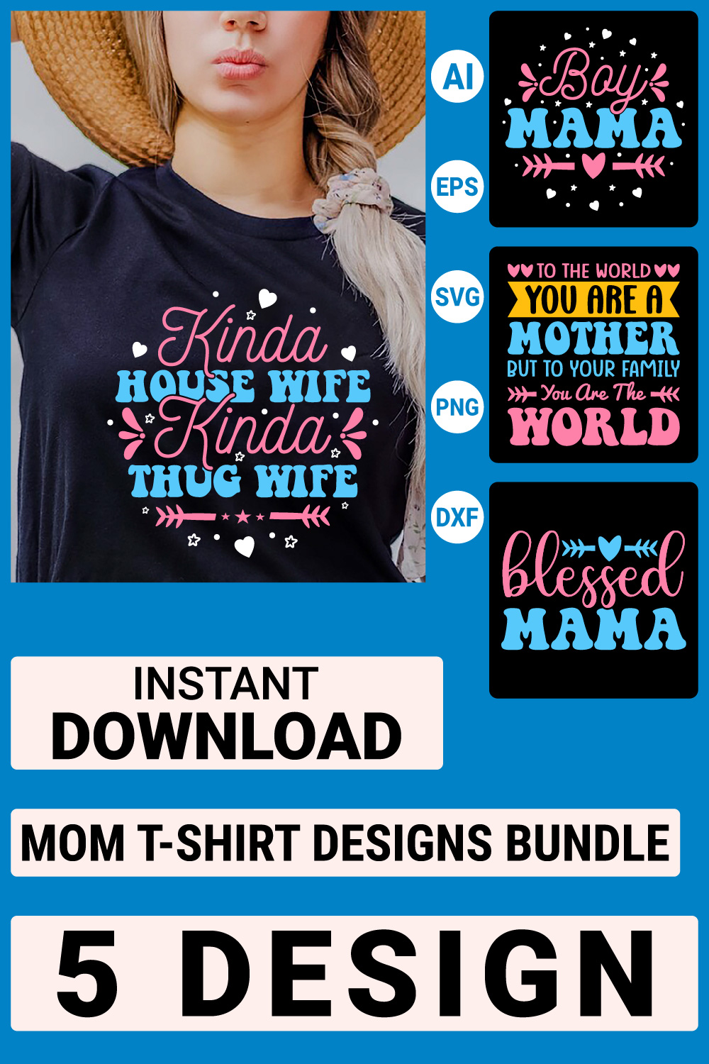 Mom T-shirt Bundle Designs, Mother's Day Quotes typography Graphic T-shirt Collection pinterest preview image.