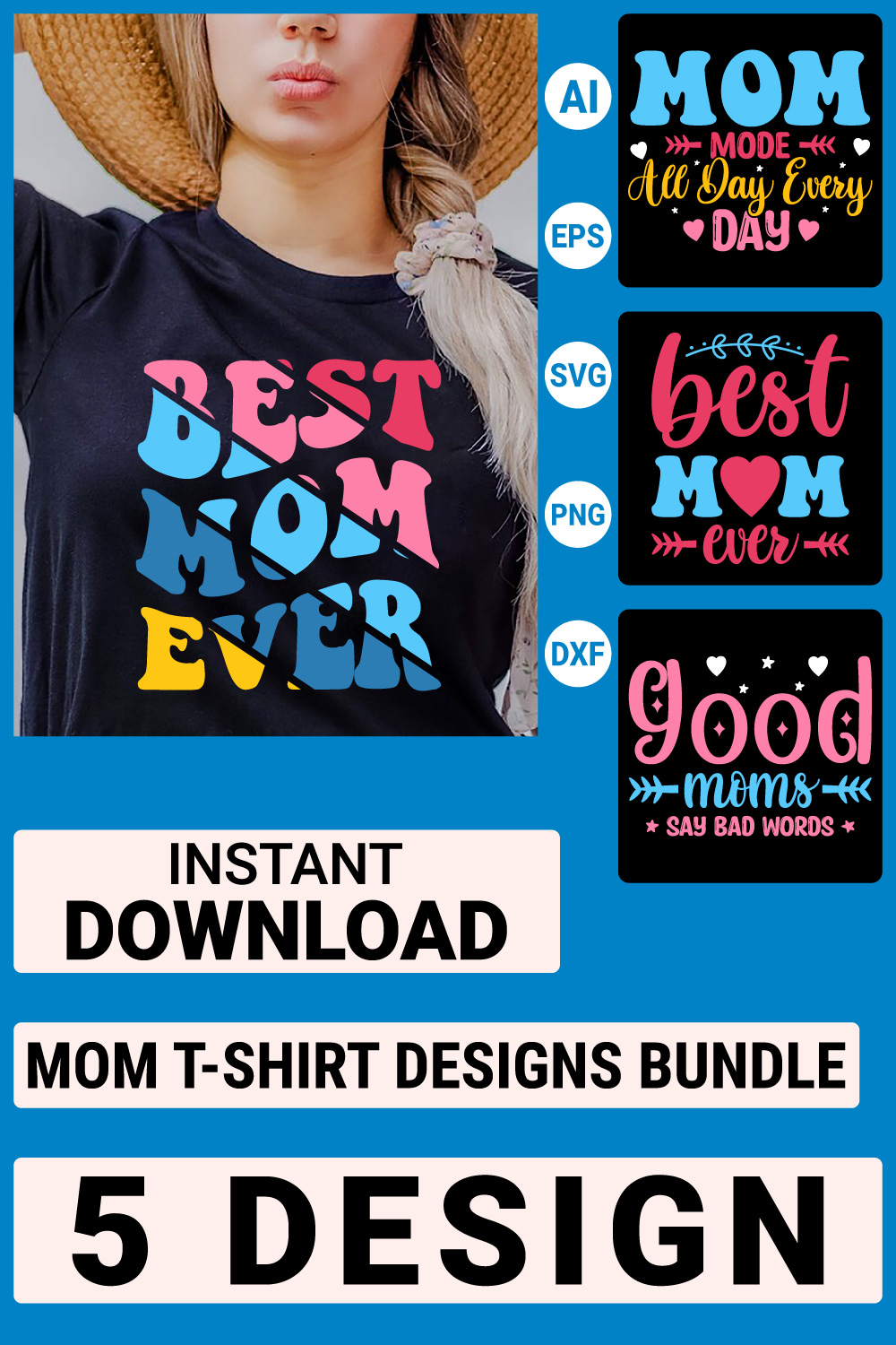 Mom T-shirt Designs Bundle, Mother's Day Quotes typography Graphic T-shirt Collection pinterest preview image.