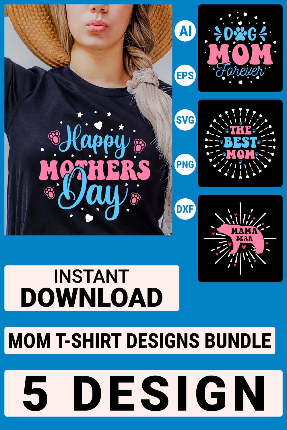 Mom T-shirt Bundle Designs, Mother's Day Quotes typography Graphic T-shirt Collection pinterest preview image.