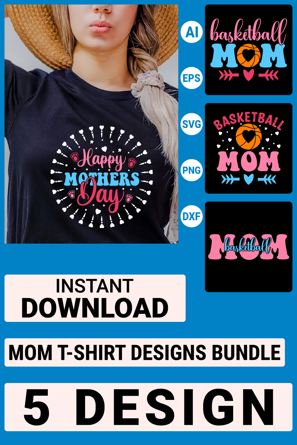 Mom T-shirt Designs Bundle, Mother's Day Quotes typography Graphic T-shirt Collection pinterest preview image.