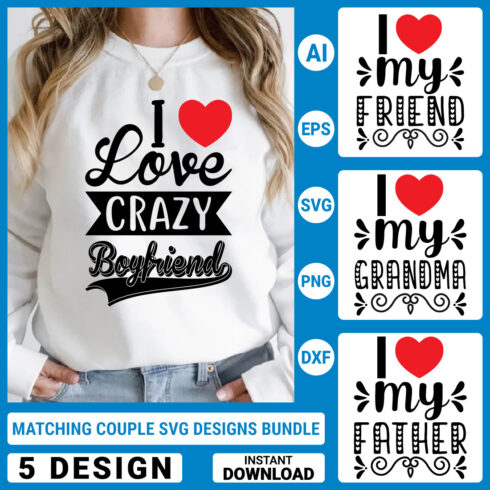 5 Matching Couple Svg T-Shirt Designs Bundle, Couple Quotes typography Graphic T-shirt Collection cover image.