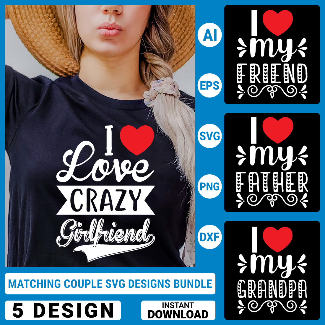 5 Matching Couple Svg T-Shirt Designs Bundle, Couple Quotes typography Graphic T-shirt Collection preview image.