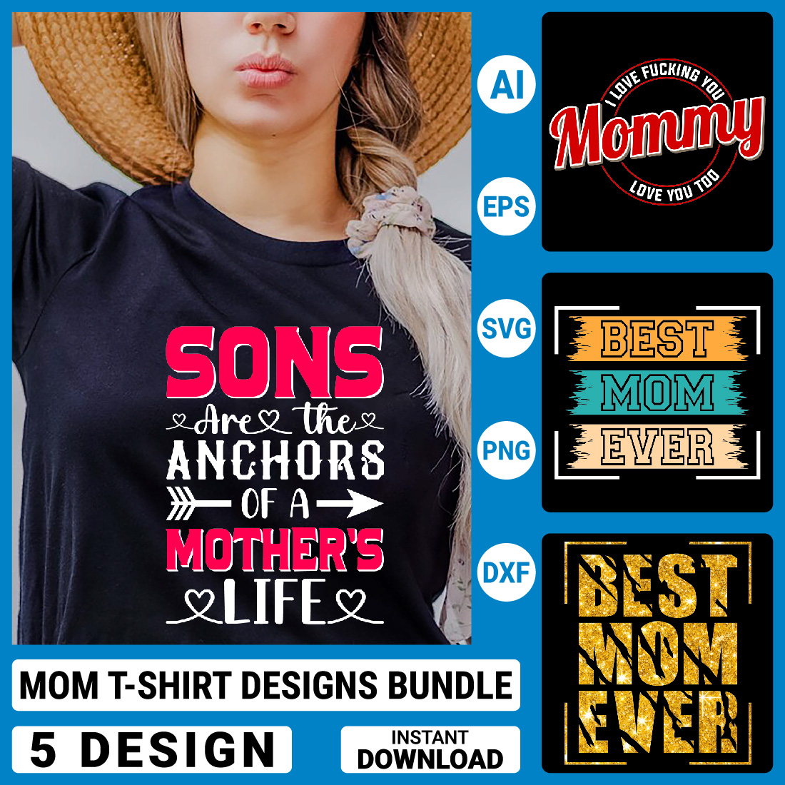 5 Mom T-shirt Designs Bundle, Mother's Day Quotes typography Graphic T-shirt Collection cover image.