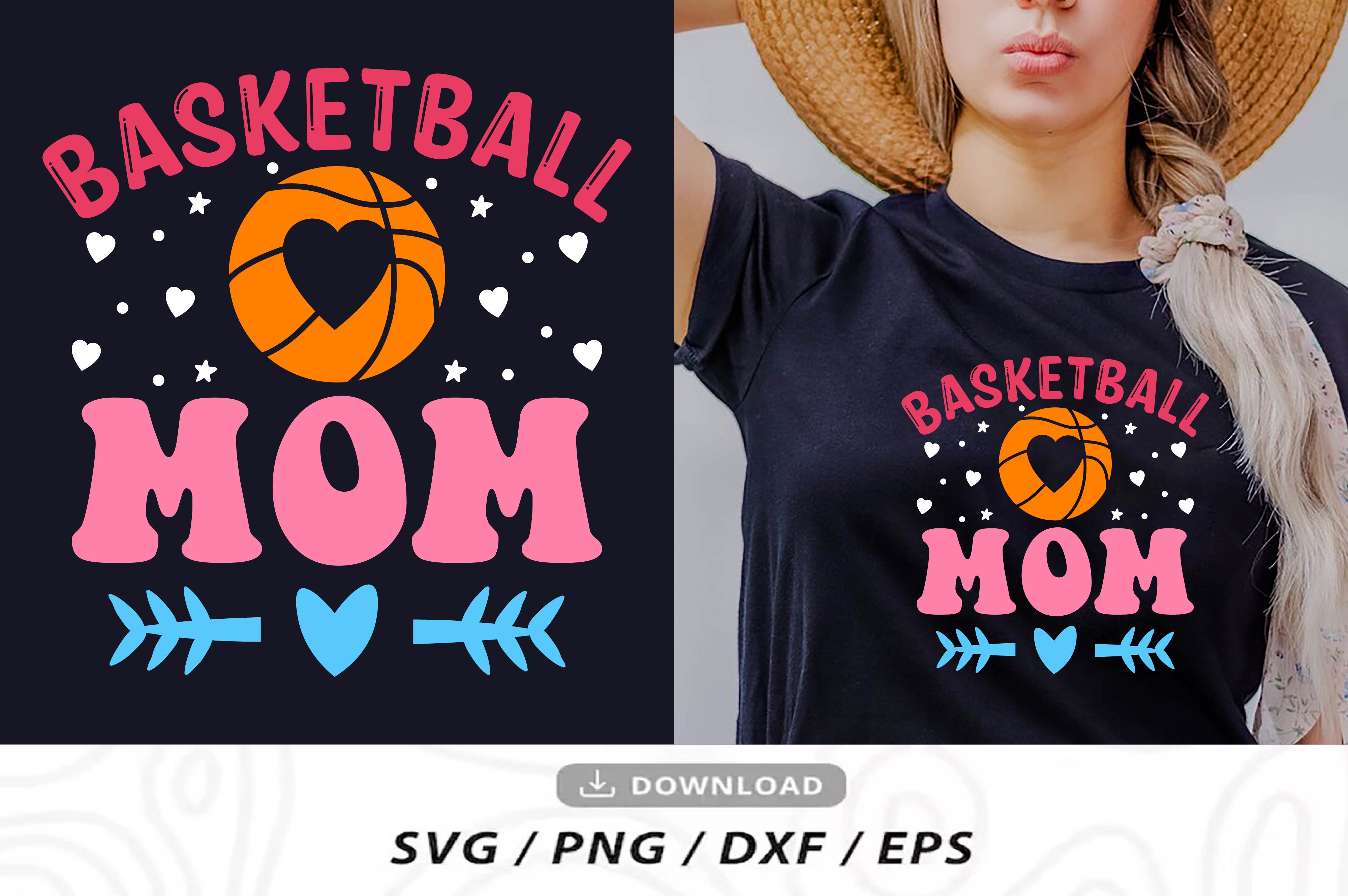 Woman wearing a basketball mom t - shirt.