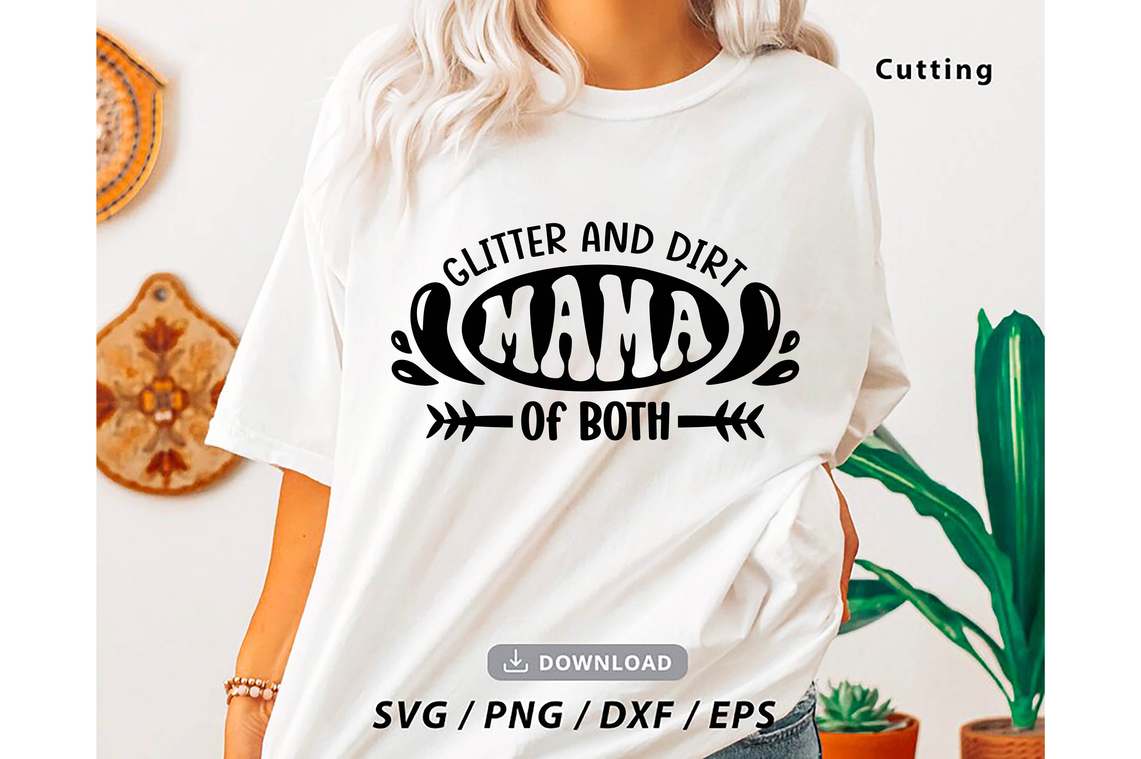 Woman wearing a t - shirt that says glitter and dirt land of both.