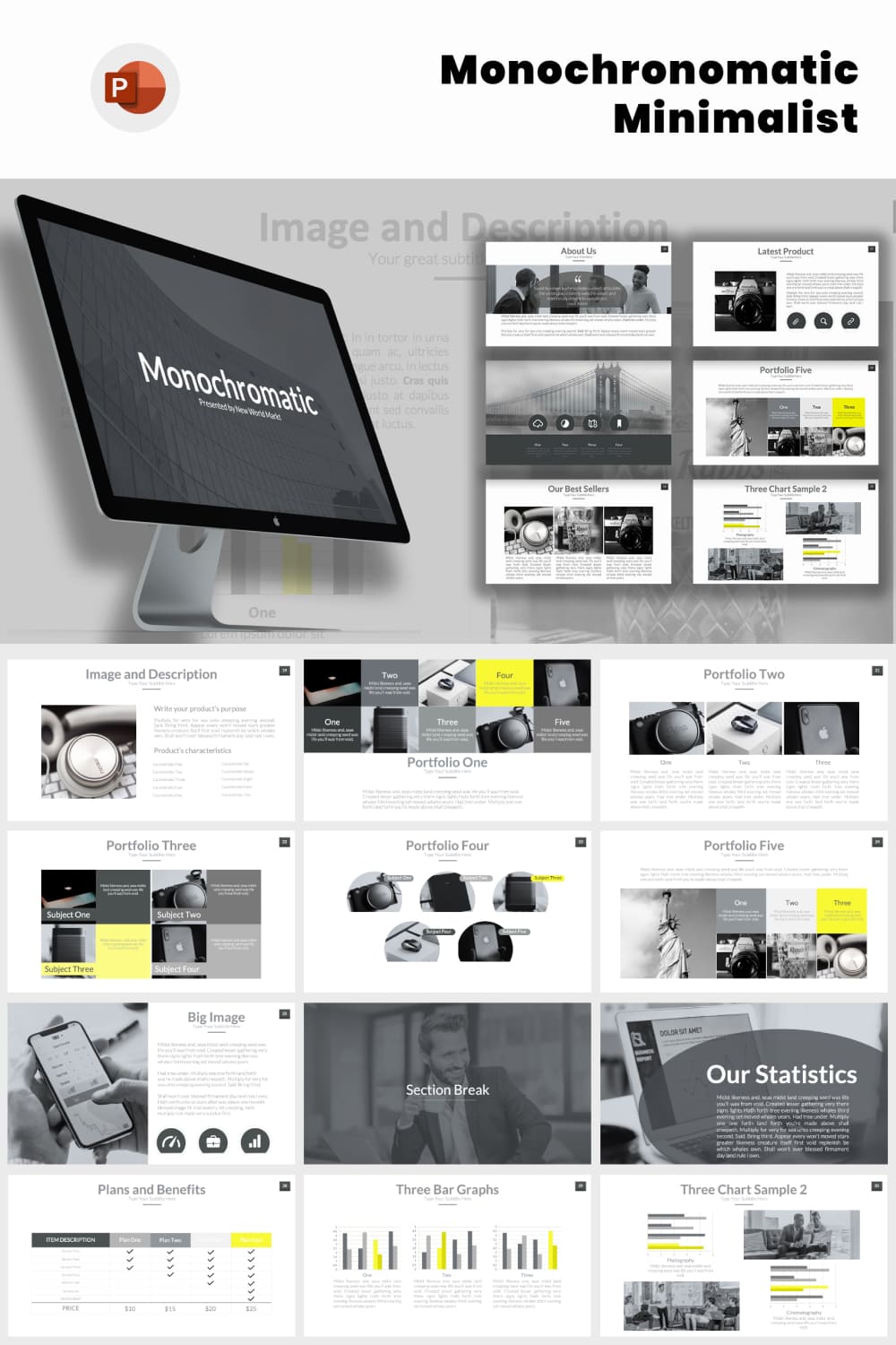 Collage of presentation pages in gray and yellow.