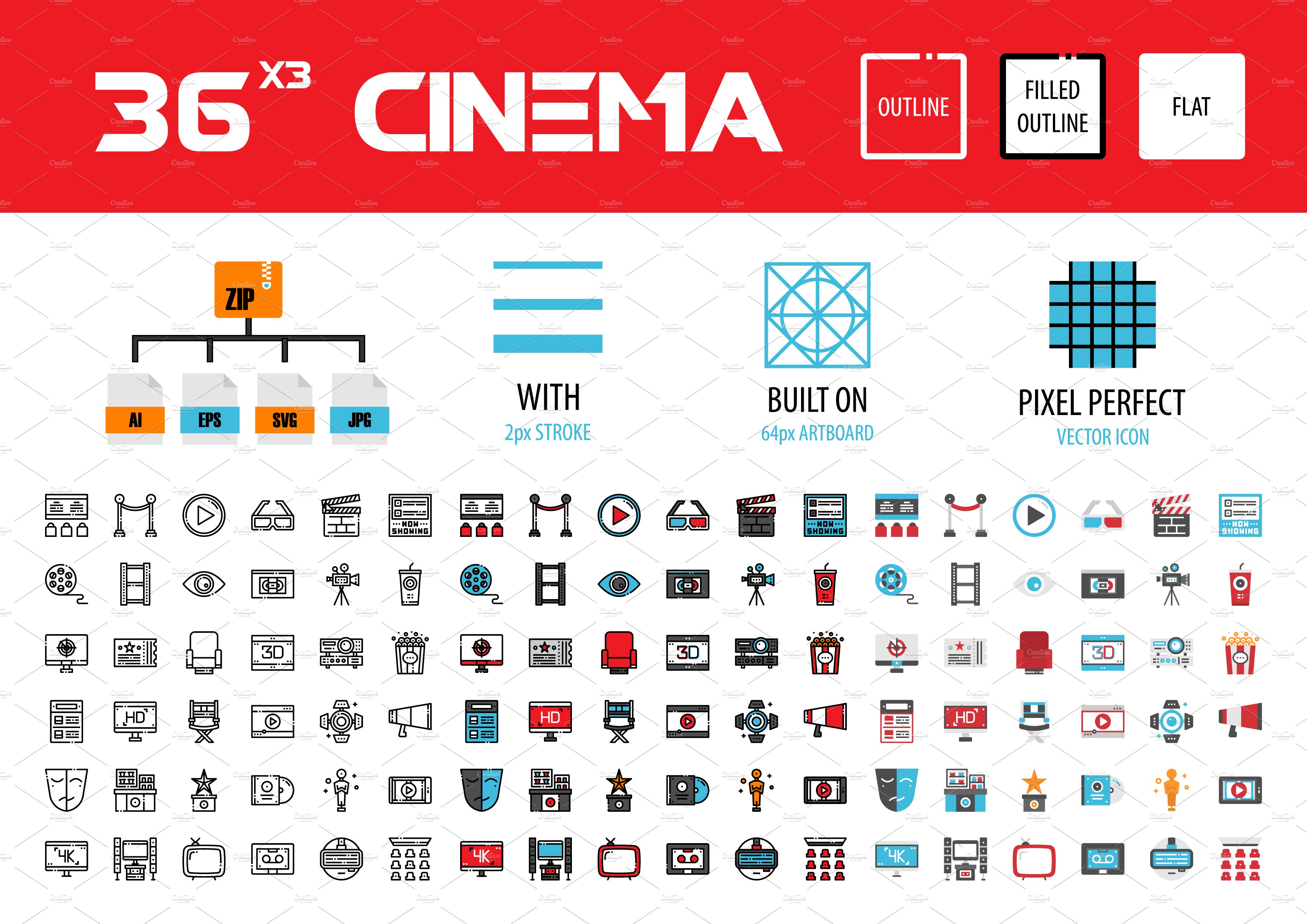 36x3 Cinema icons preview image.