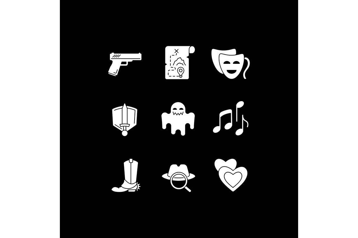 Movie genres white glyph icons set cover image.