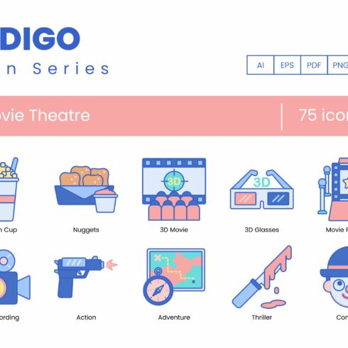 75 Movie Theater Icons - Indigo cover image.