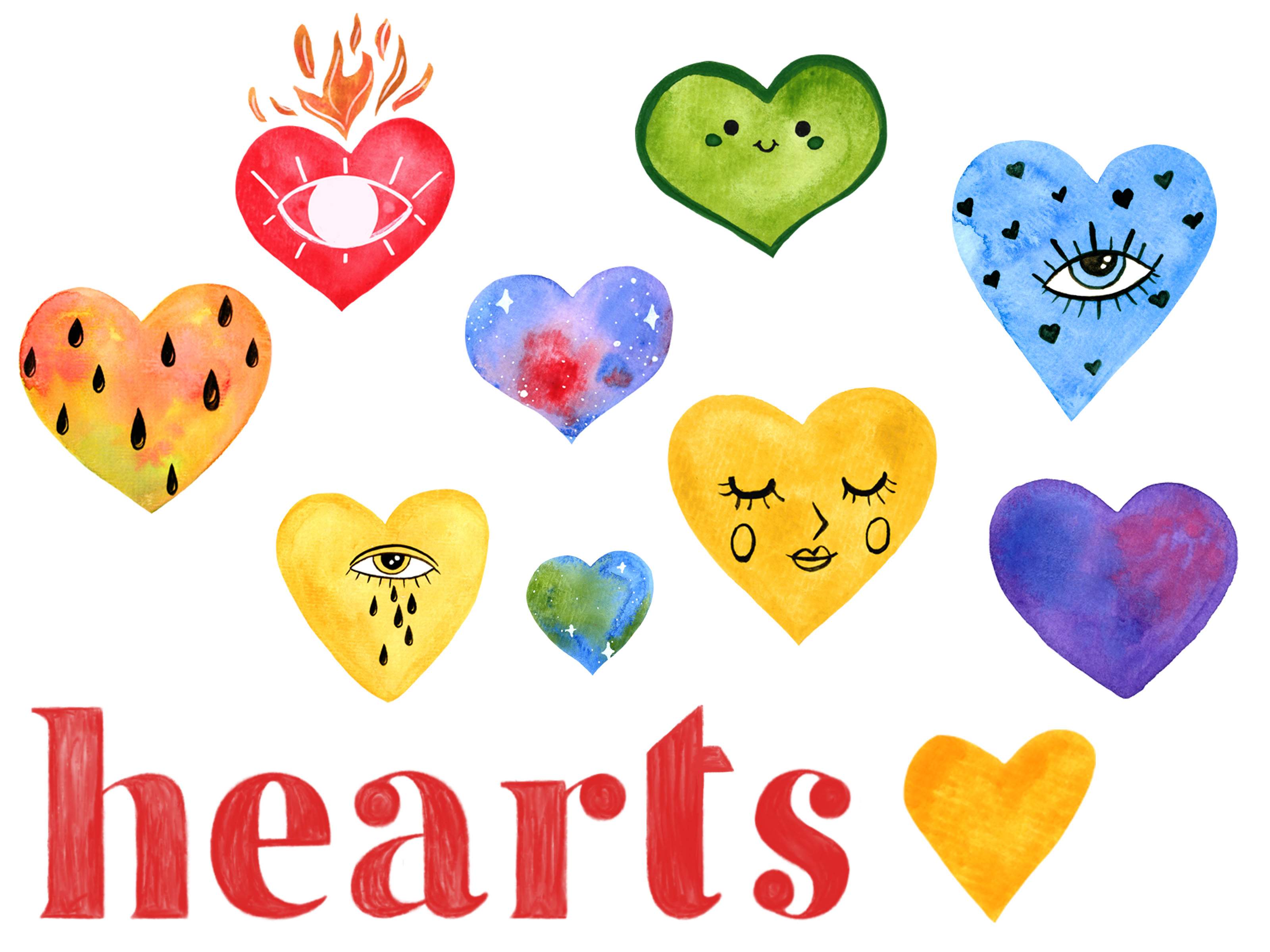 Group of hearts with eyes drawn on them.
