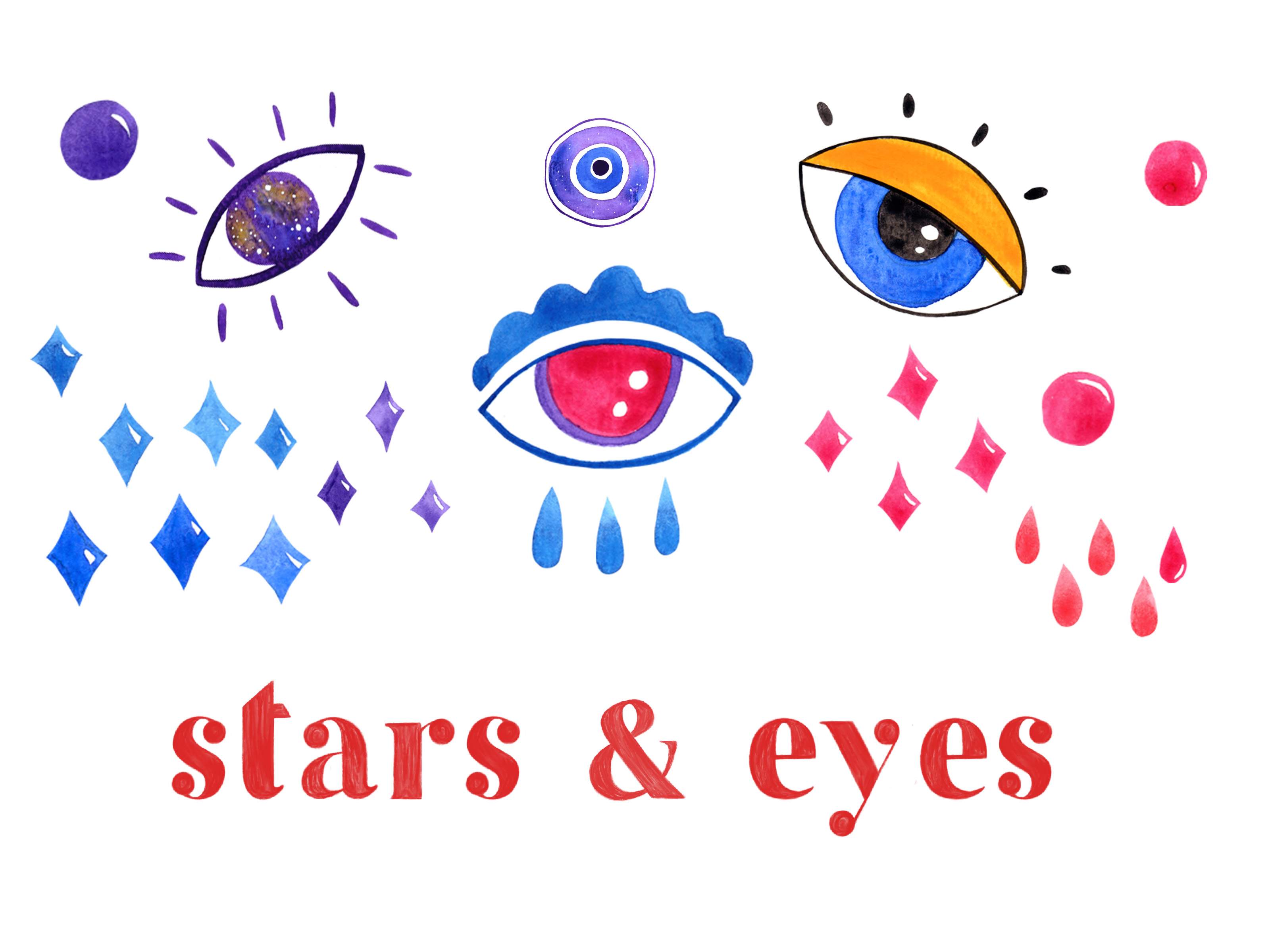 Drawing of stars and eyes on a white background.