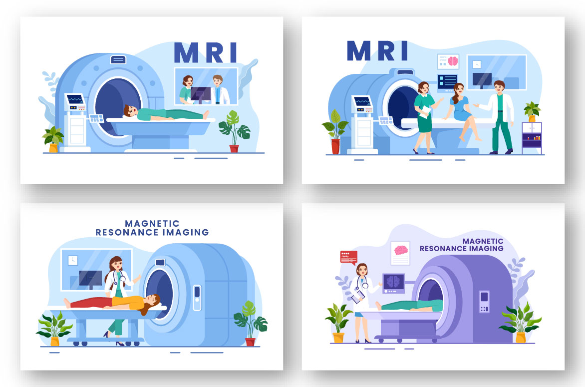 Set of four illustrations of mri rooms.