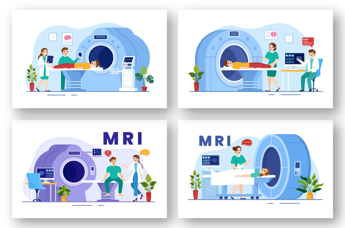 Series of four illustrations depicting people in a mri.