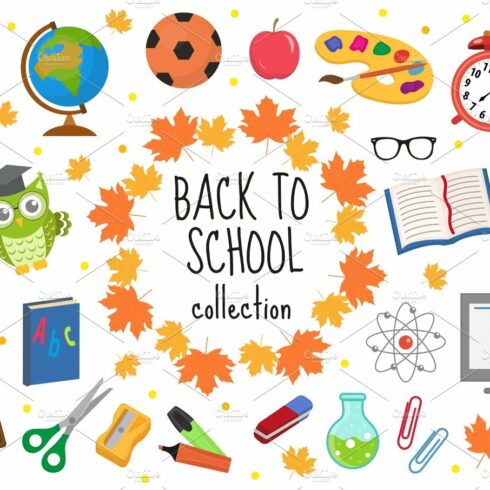 Back to school icon set, flat, cartoon style. Education collection of desig... cover image.