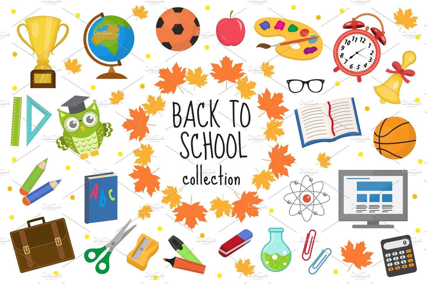 Back to school icon set, flat, cartoon style. Education collection of desig... cover image.