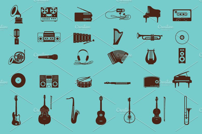 Music instruments icons preview image.