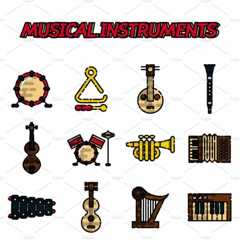 Musical instruments flat icon set cover image.