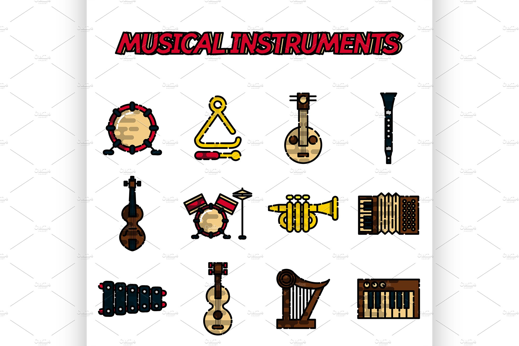 Musical instruments flat icon set cover image.