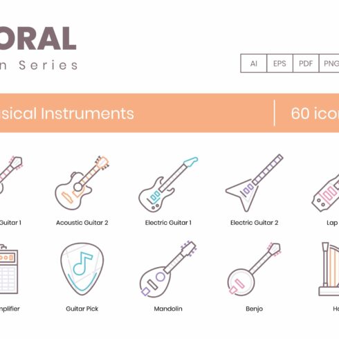 60 Musical Instruments Icons | Coral cover image.
