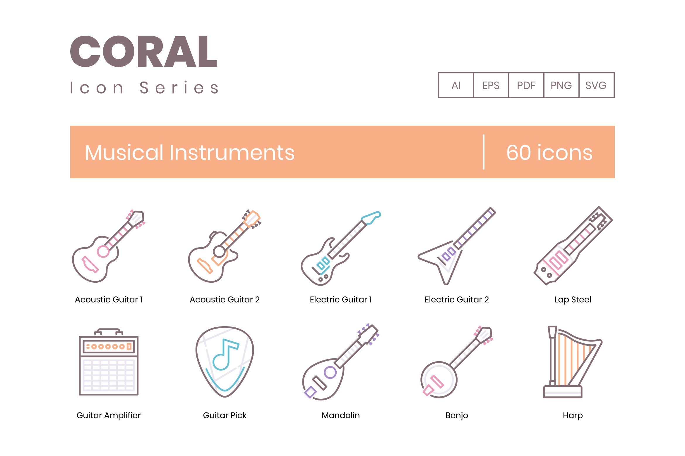 60 Musical Instruments Icons | Coral cover image.