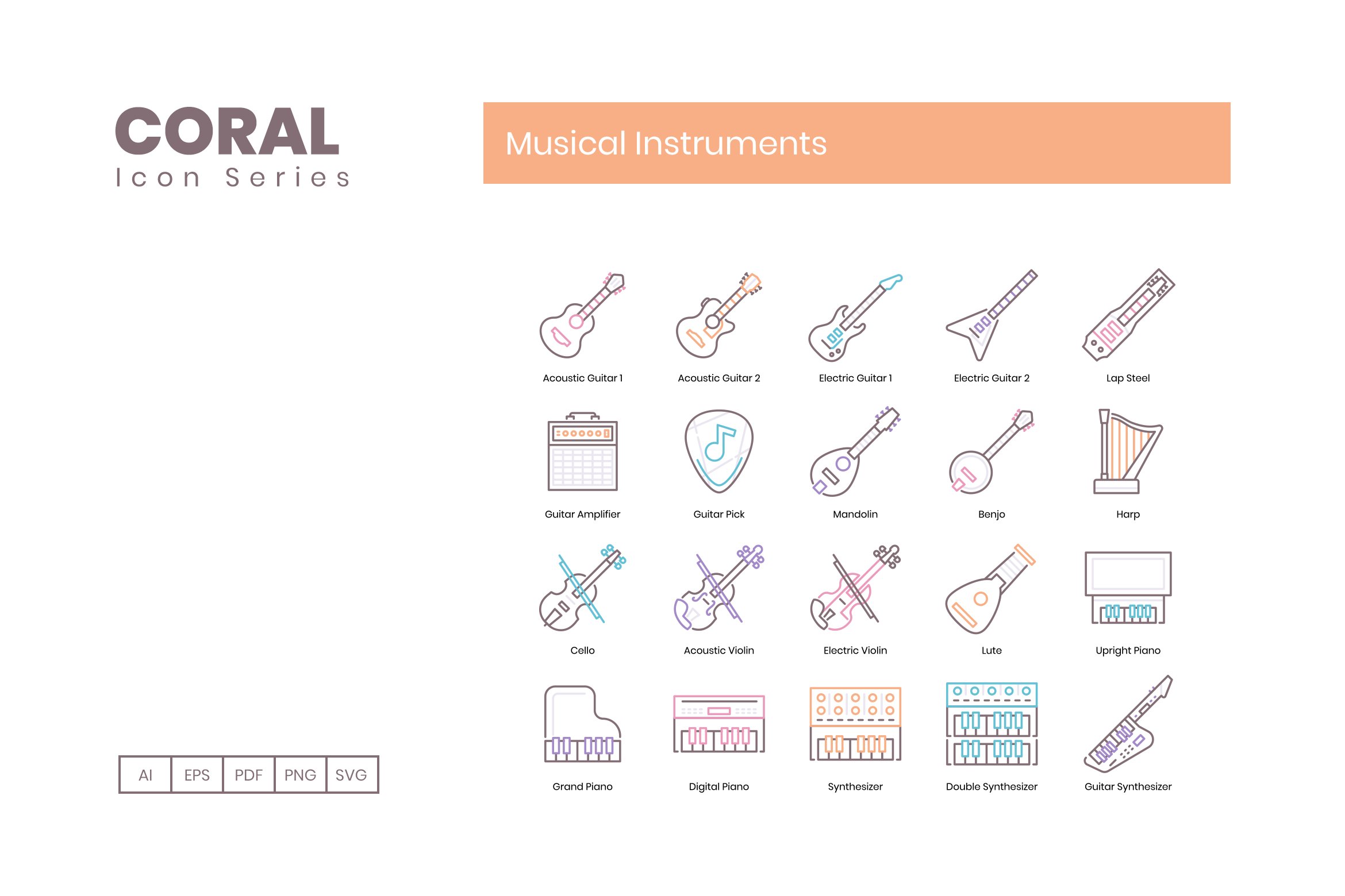 60 Musical Instruments Icons | Coral preview image.