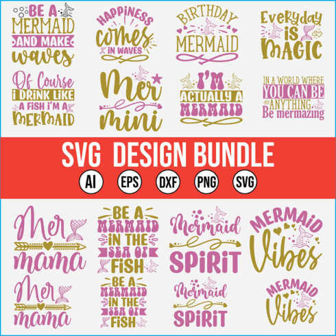 15 Mermaid SVG Design Bundle Vector Template cover image.