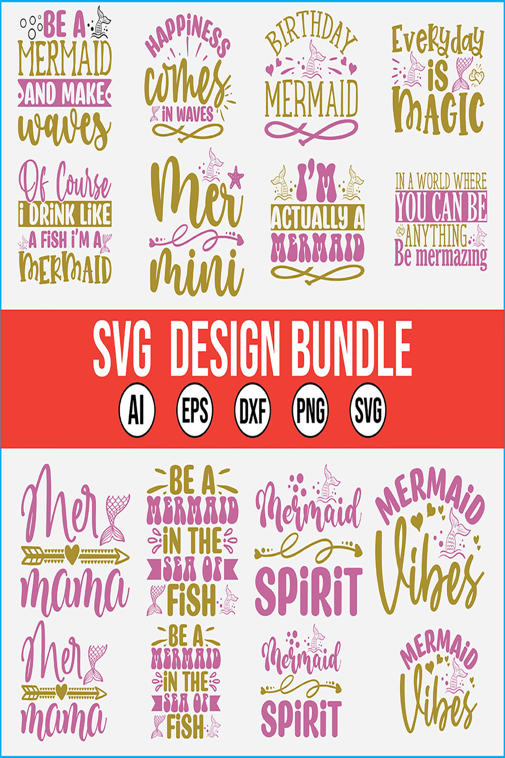 15 Mermaid SVG Design Bundle Vector Template pinterest preview image.