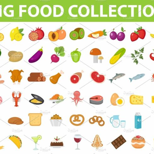 Big set icons food, flat style. Fruits, vegetables, meat, fish, bread, milk... cover image.