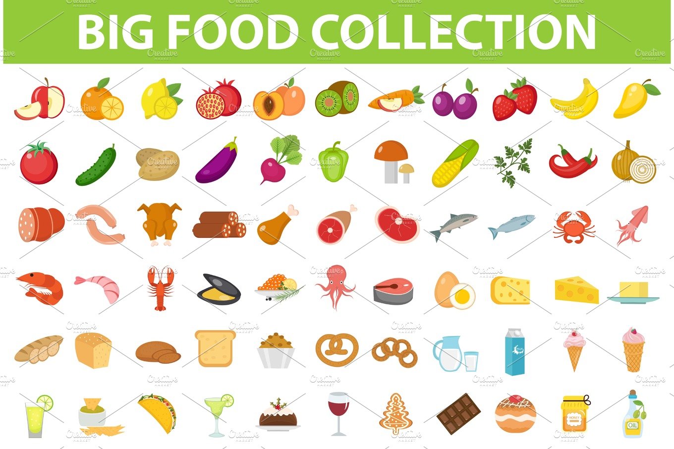 Big set icons food, flat style. Fruits, vegetables, meat, fish, bread, milk... cover image.