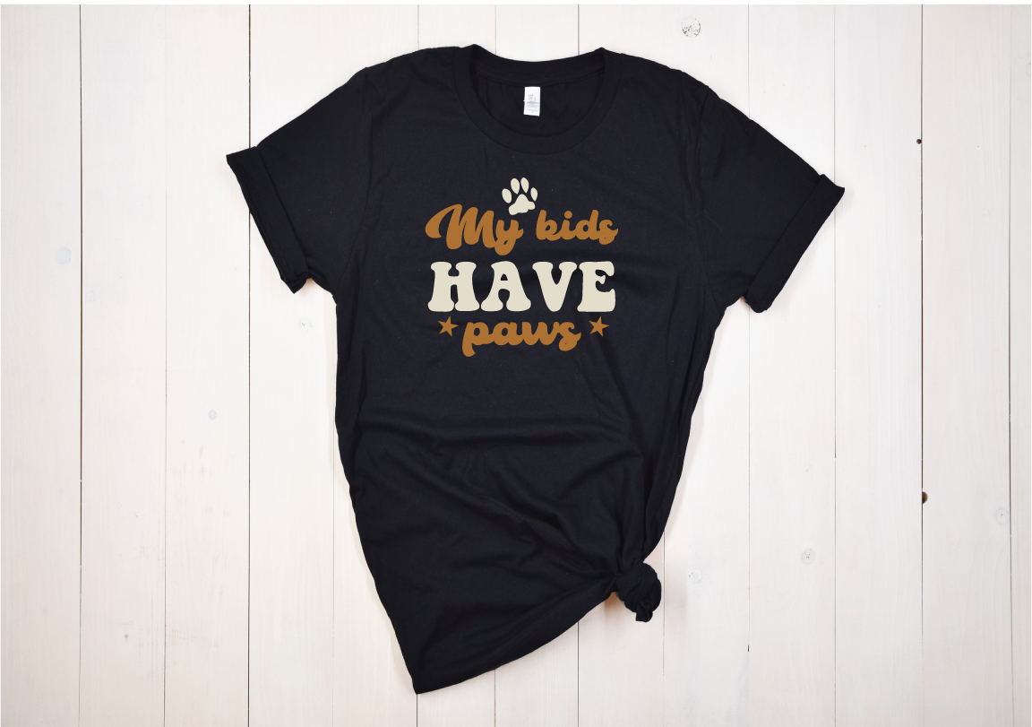 Black t - shirt that says my butts have paws.