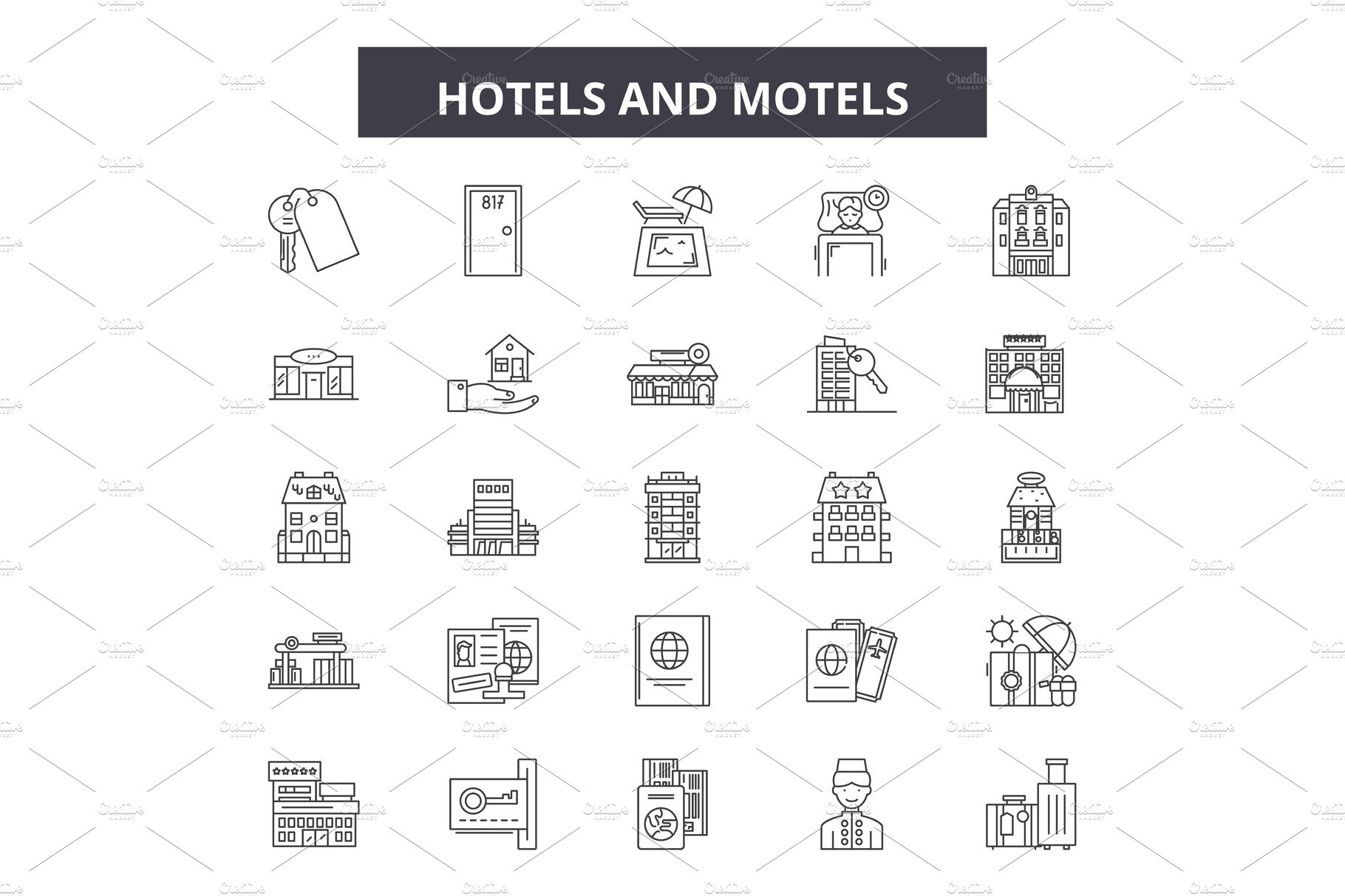 Hotels and motels line icons, signs cover image.