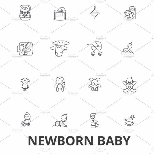 Newborn baby, hospital, sleeping, infant, pregnant woman, nursery line icon... cover image.